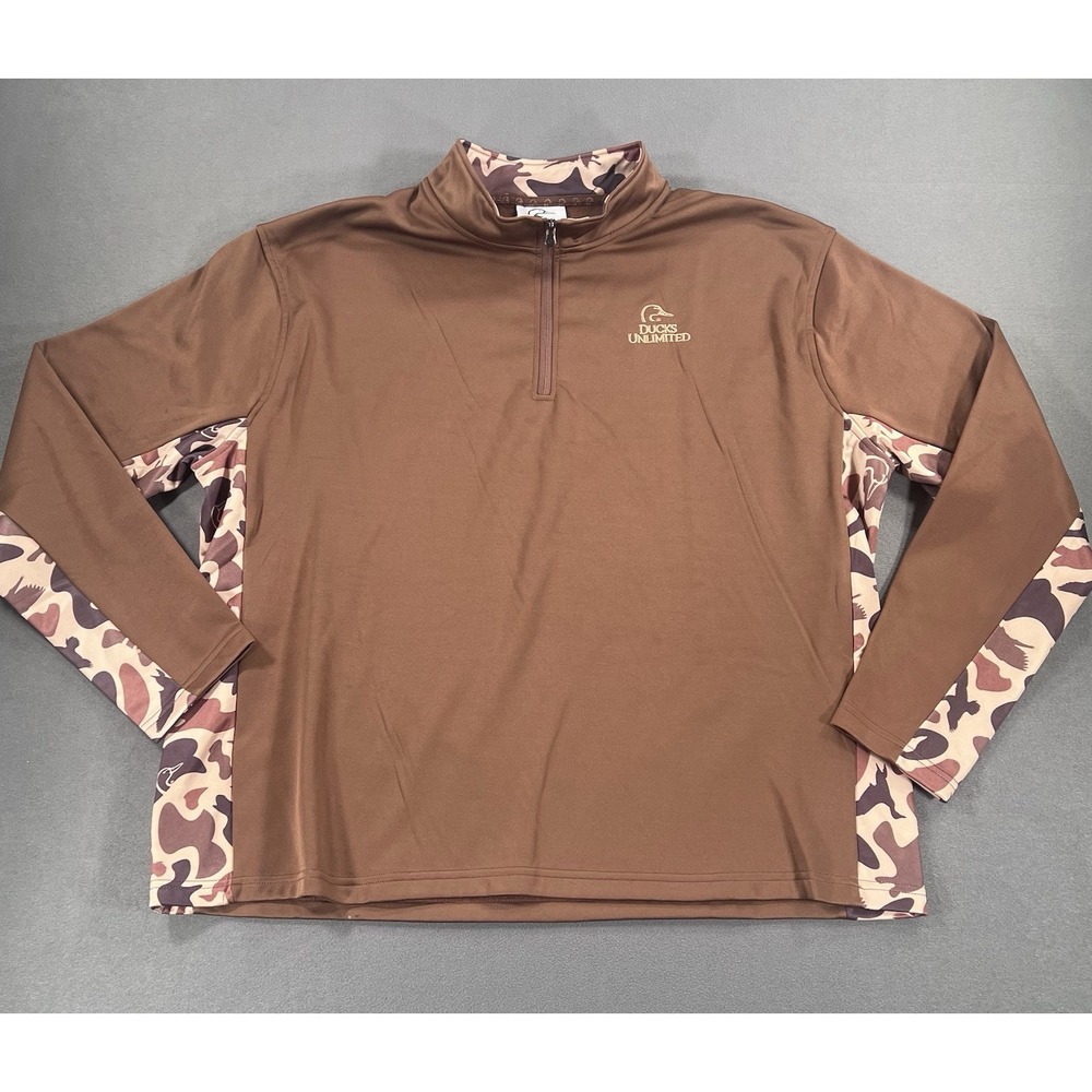 Ducks Unlimited Mens 2XL 1/4 Zip Brown Camo Duck Pattern Pullover Sweater